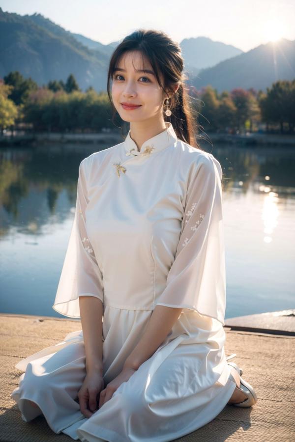    AI美女-拟实-民国风白衫长裙户外河边清纯复古温婉气质写真第11张图片