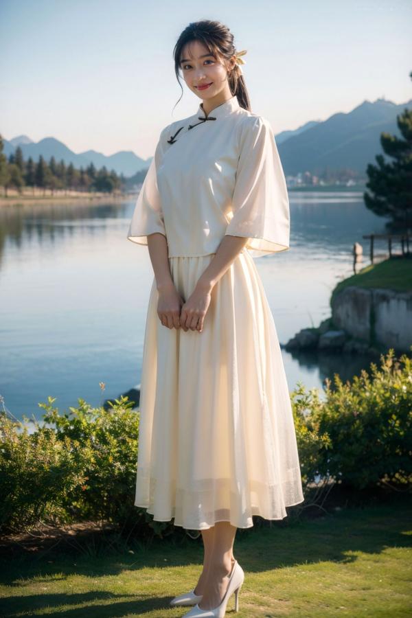    AI美女-拟实-民国风白衫长裙户外河边清纯复古温婉气质写真第12张图片