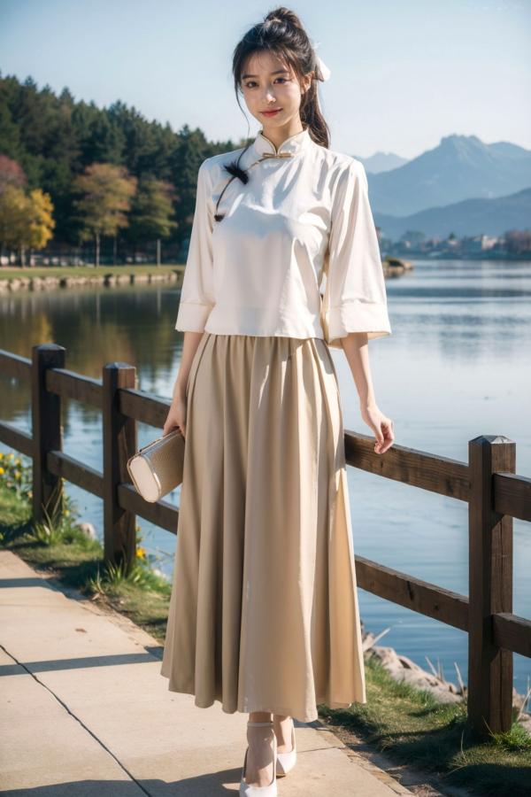    AI美女-拟实-民国风白衫长裙户外河边清纯复古温婉气质写真第13张图片