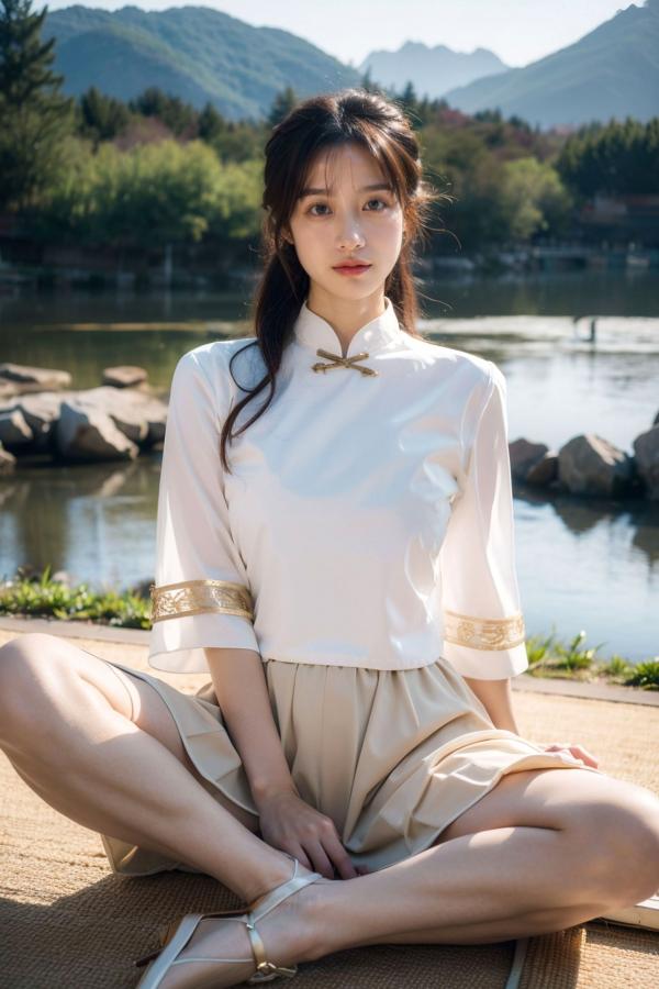    AI美女-拟实-民国风白衫长裙户外河边清纯复古温婉气质写真第14张图片