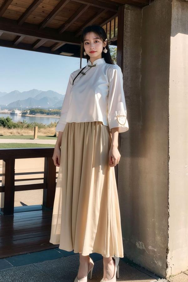    AI美女-拟实-民国风白衫长裙户外河边清纯复古温婉气质写真第15张图片
