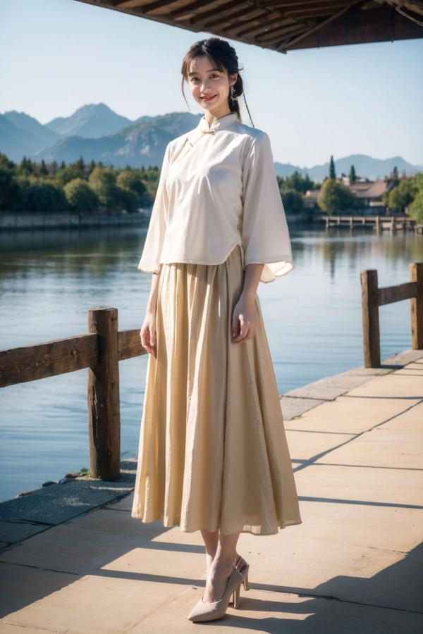    AI美女-拟实-民国风白衫长裙户外河边清纯复古温婉气质写真第16张图片