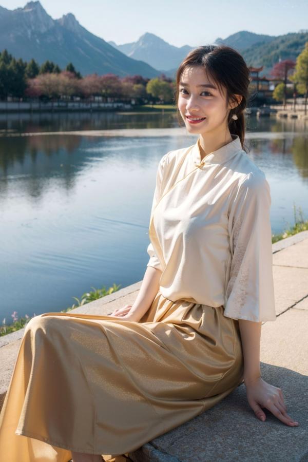    AI美女-拟实-民国风白衫长裙户外河边清纯复古温婉气质写真第17张图片