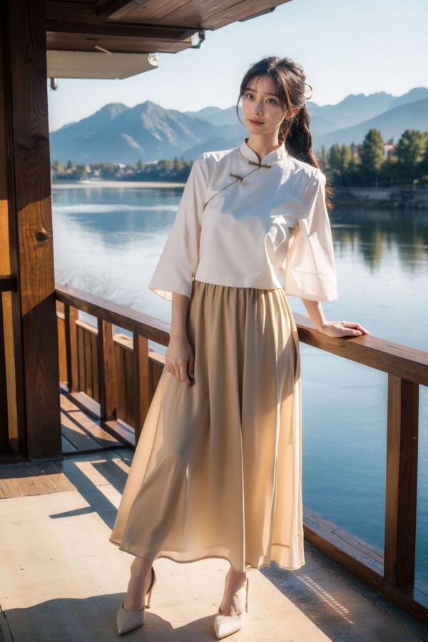   AI美女-拟实-民国风白衫长裙户外河边清纯复古温婉气质写真第18张图片