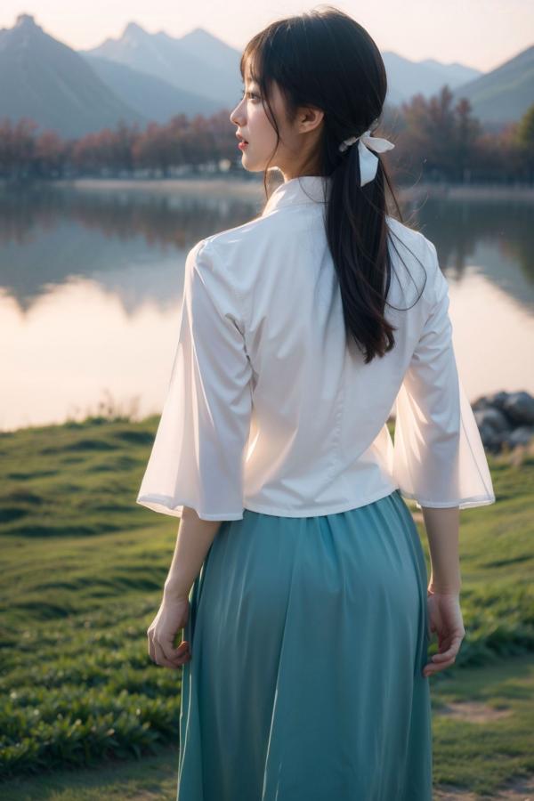    AI美女-拟实-民国风白衫长裙户外河边清纯复古温婉气质写真第19张图片