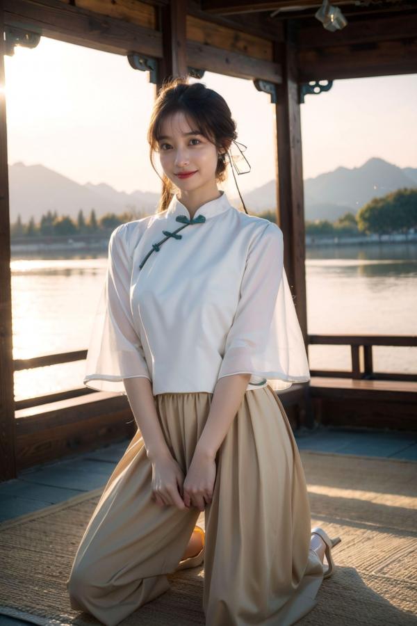    AI美女-拟实-民国风白衫长裙户外河边清纯复古温婉气质写真第20张图片