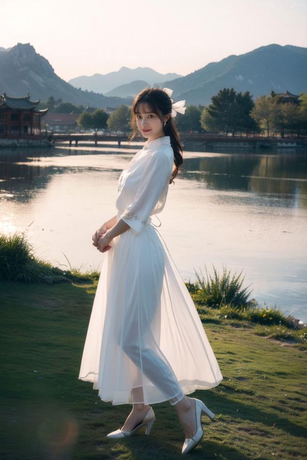    AI美女-拟实-民国风白衫长裙户外河边清纯复古温婉气质写真第21张图片