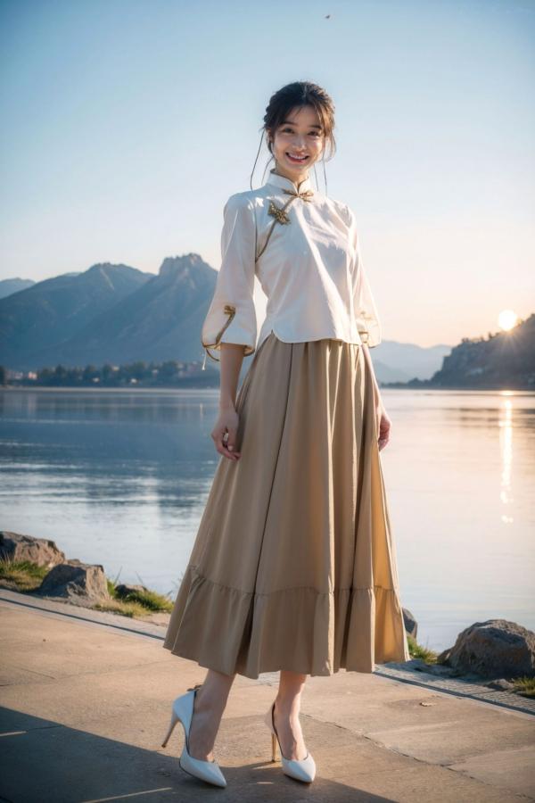    AI美女-拟实-民国风白衫长裙户外河边清纯复古温婉气质写真第22张图片