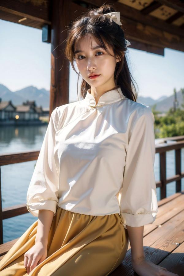    AI美女-拟实-民国风白衫长裙户外河边清纯复古温婉气质写真第23张图片