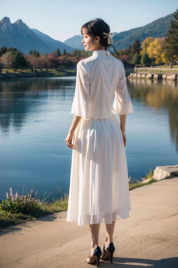    AI美女-拟实-民国风白衫长裙户外河边清纯复古温婉气质写真第25张图片