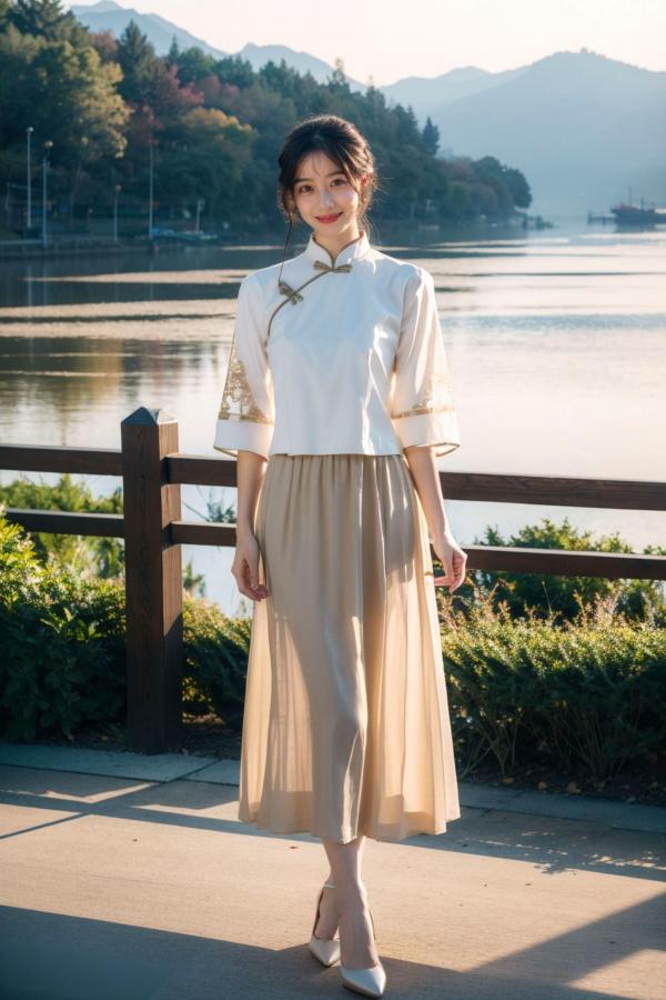    AI美女-拟实-民国风白衫长裙户外河边清纯复古温婉气质写真第26张图片