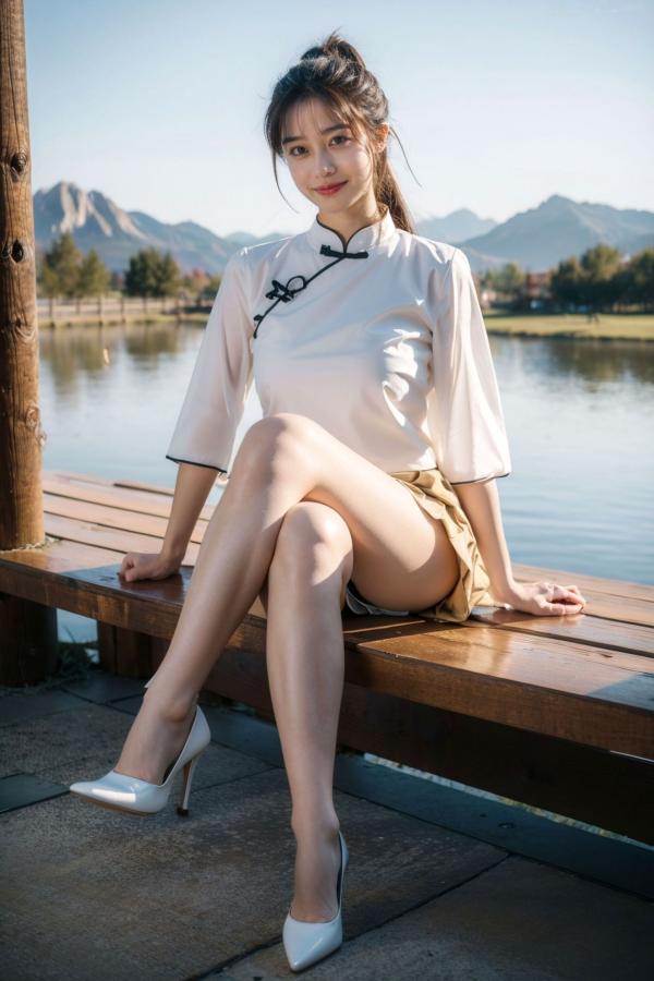    AI美女-拟实-民国风白衫长裙户外河边清纯复古温婉气质写真第27张图片