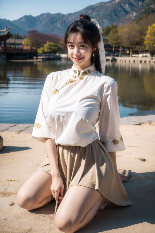    AI美女-拟实-民国风白衫长裙户外河边清纯复古温婉气质写真第33张图片