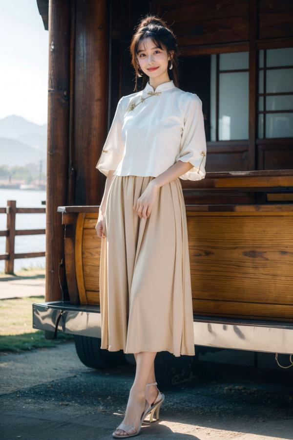   AI美女-拟实-民国风白衫长裙户外河边清纯复古温婉气质写真第34张图片
