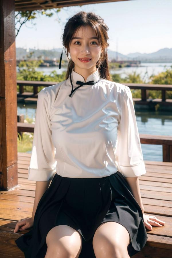    AI美女-拟实-民国风白衫长裙户外河边清纯复古温婉气质写真第35张图片