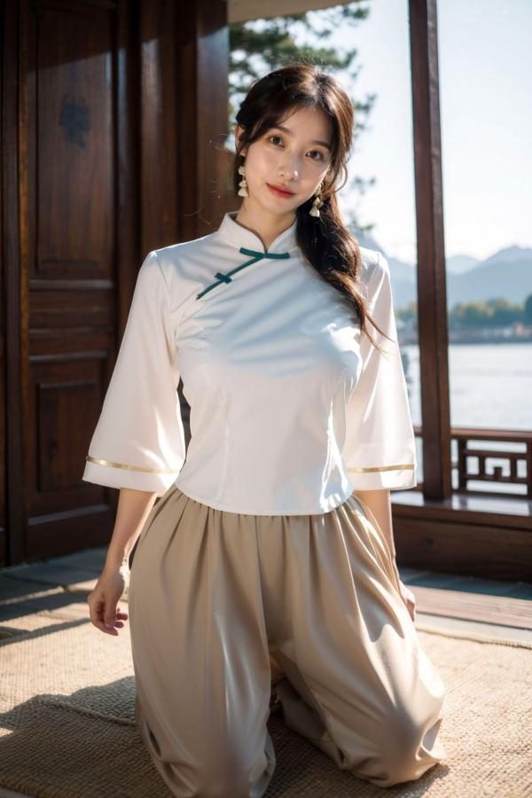    AI美女-拟实-民国风白衫长裙户外河边清纯复古温婉气质写真第36张图片