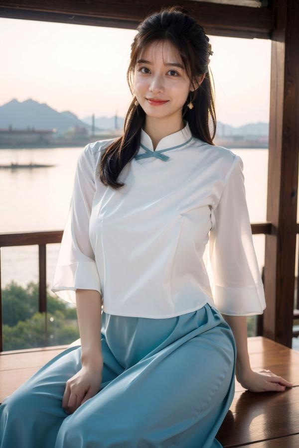    AI美女-拟实-民国风白衫长裙户外河边清纯复古温婉气质写真第39张图片