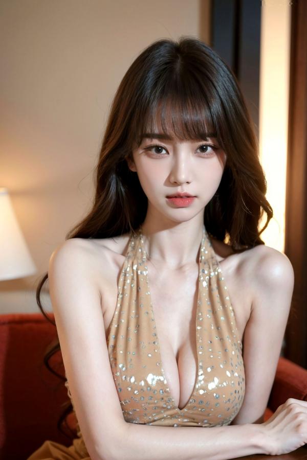    AI美女-拟实-金色挂脖连衣短裙 室内私房大尺度诱惑美胸女神写真第5张图片