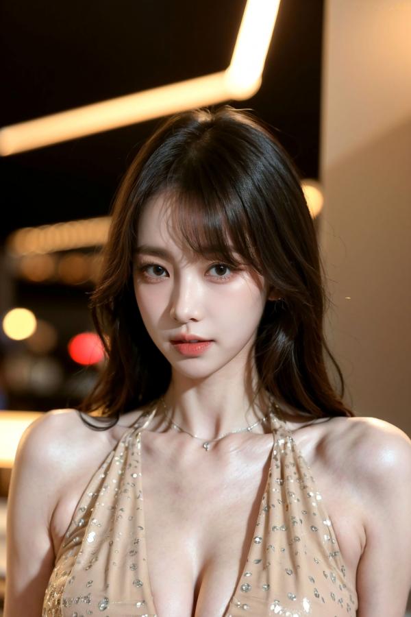    AI美女-拟实-金色挂脖连衣短裙 室内私房大尺度诱惑美胸女神写真第10张图片