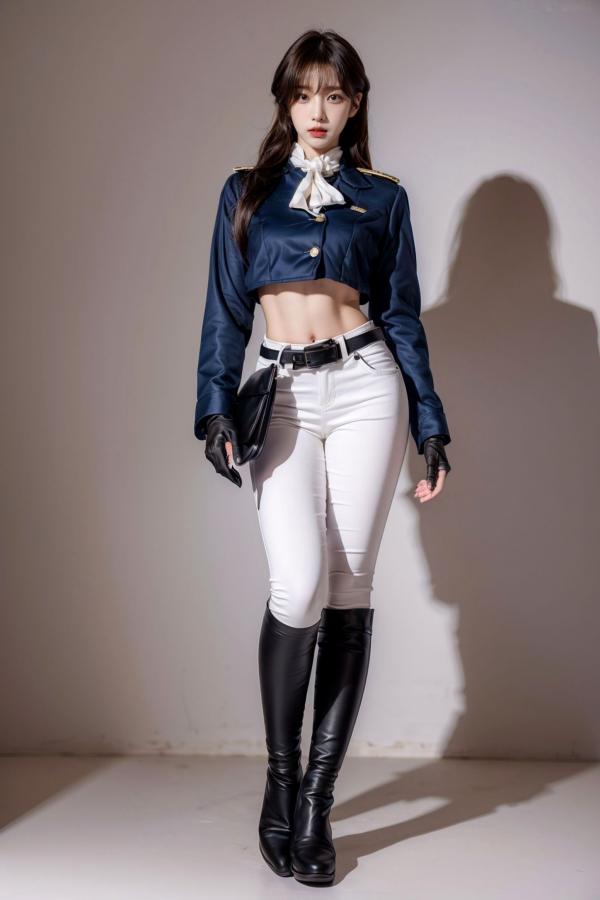   AI美女-拟实-女军官深蓝制服 紧身白裤修身腰臀性感写真第1张图片