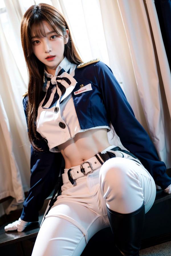    AI美女-拟实-女军官深蓝制服 紧身白裤修身腰臀性感写真第2张图片