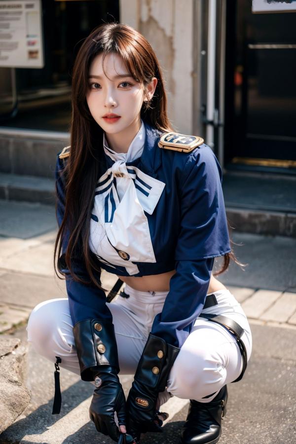   AI美女-拟实-女军官深蓝制服 紧身白裤修身腰臀性感写真第3张图片