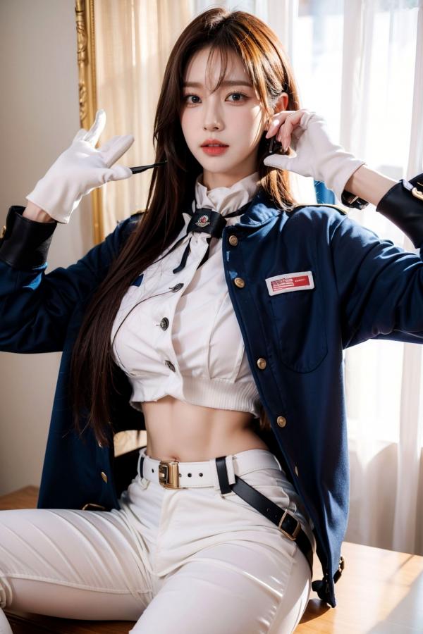    AI美女-拟实-女军官深蓝制服 紧身白裤修身腰臀性感写真第4张图片