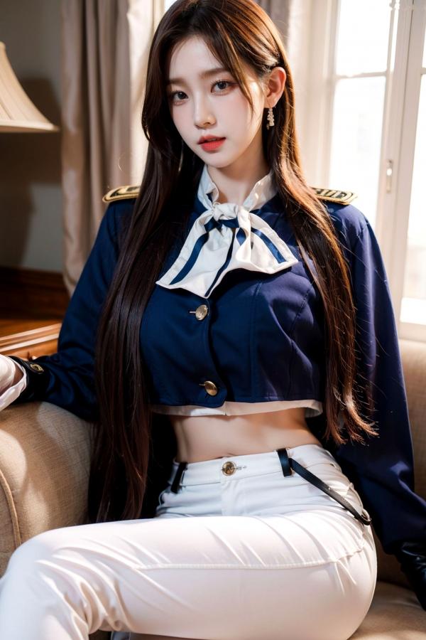    AI美女-拟实-女军官深蓝制服 紧身白裤修身腰臀性感写真第5张图片