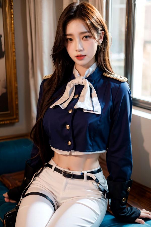    AI美女-拟实-女军官深蓝制服 紧身白裤修身腰臀性感写真第6张图片