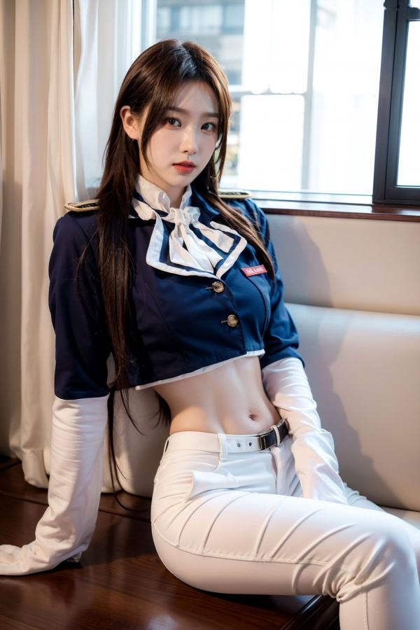    AI美女-拟实-女军官深蓝制服 紧身白裤修身腰臀性感写真第8张图片