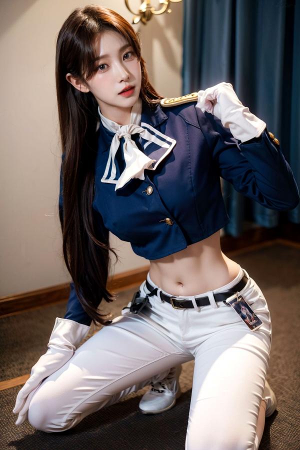    AI美女-拟实-女军官深蓝制服 紧身白裤修身腰臀性感写真第9张图片