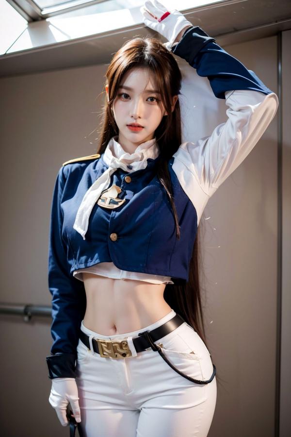    AI美女-拟实-女军官深蓝制服 紧身白裤修身腰臀性感写真第10张图片