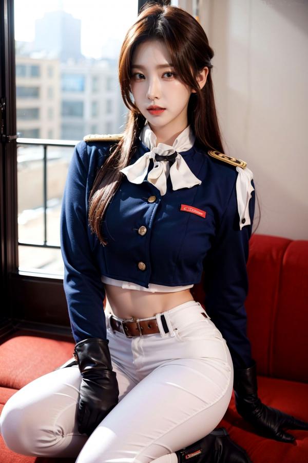    AI美女-拟实-女军官深蓝制服 紧身白裤修身腰臀性感写真第11张图片