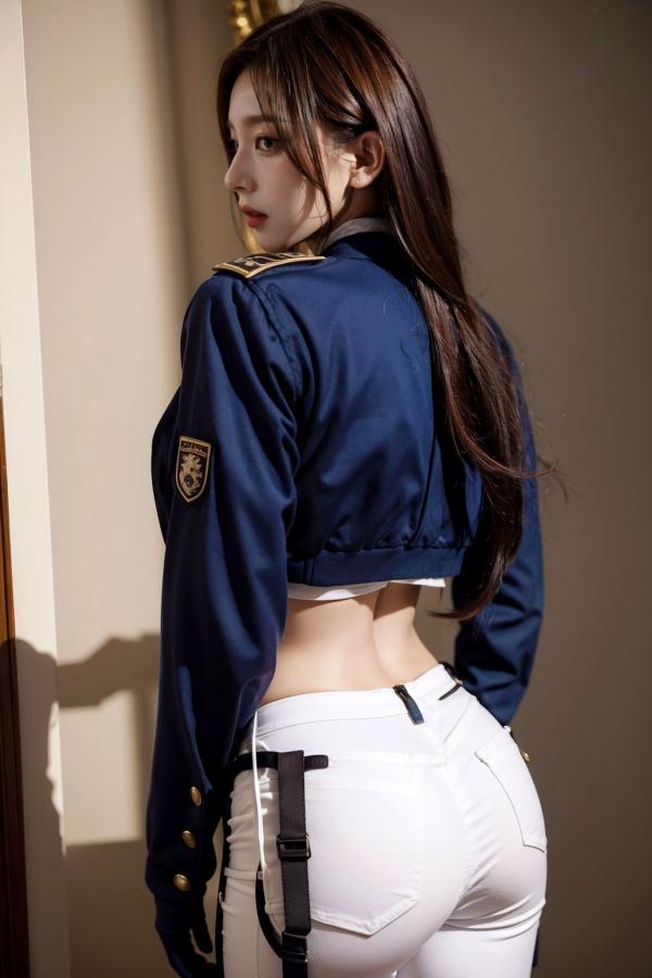    AI美女-拟实-女军官深蓝制服 紧身白裤修身腰臀性感写真第12张图片