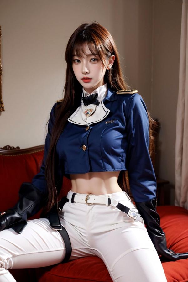    AI美女-拟实-女军官深蓝制服 紧身白裤修身腰臀性感写真第13张图片