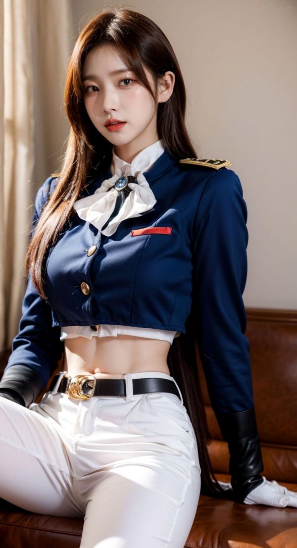    AI美女-拟实-女军官深蓝制服 紧身白裤修身腰臀性感写真第14张图片
