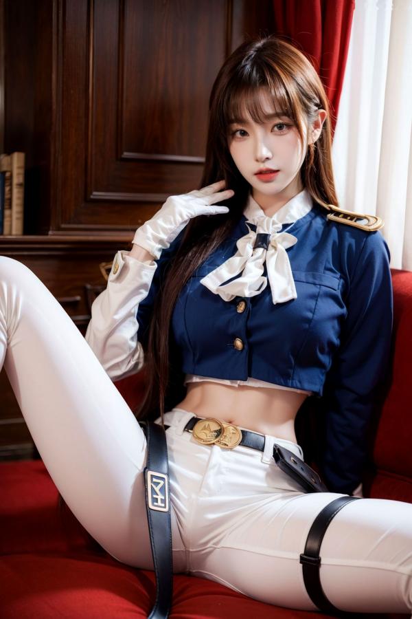    AI美女-拟实-女军官深蓝制服 紧身白裤修身腰臀性感写真第15张图片