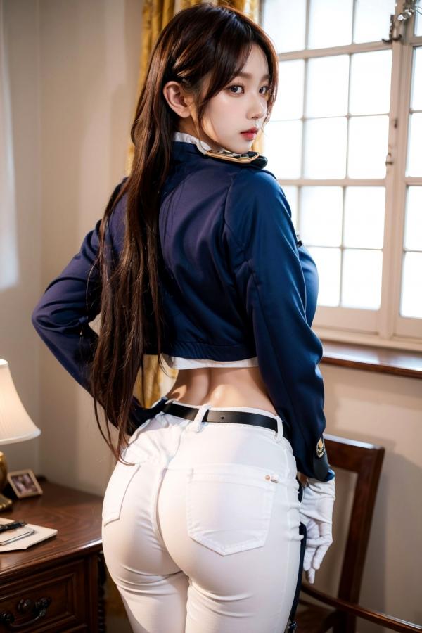    AI美女-拟实-女军官深蓝制服 紧身白裤修身腰臀性感写真第18张图片