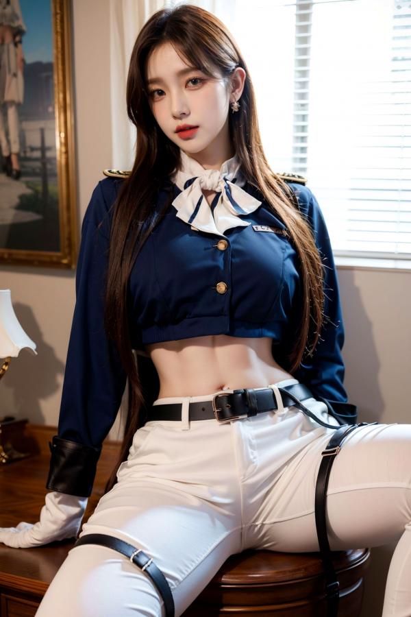    AI美女-拟实-女军官深蓝制服 紧身白裤修身腰臀性感写真第19张图片