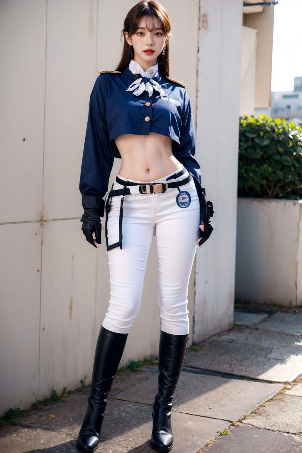    AI美女-拟实-女军官深蓝制服 紧身白裤修身腰臀性感写真第21张图片