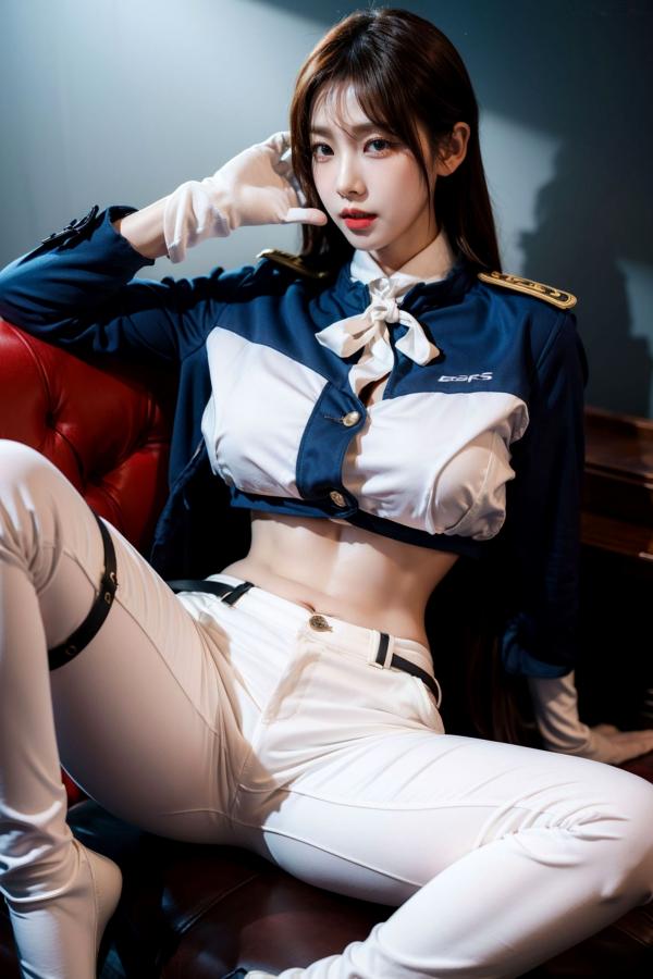    AI美女-拟实-女军官深蓝制服 紧身白裤修身腰臀性感写真第22张图片