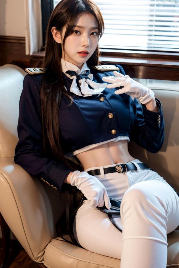    AI美女-拟实-女军官深蓝制服 紧身白裤修身腰臀性感写真第23张图片