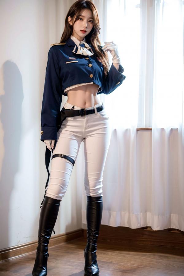    AI美女-拟实-女军官深蓝制服 紧身白裤修身腰臀性感写真第25张图片