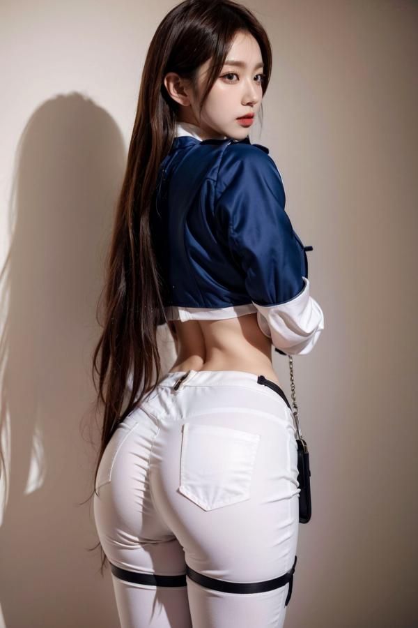    AI美女-拟实-女军官深蓝制服 紧身白裤修身腰臀性感写真第26张图片