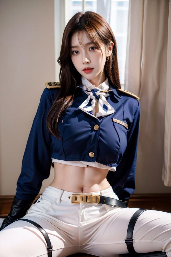    AI美女-拟实-女军官深蓝制服 紧身白裤修身腰臀性感写真第27张图片