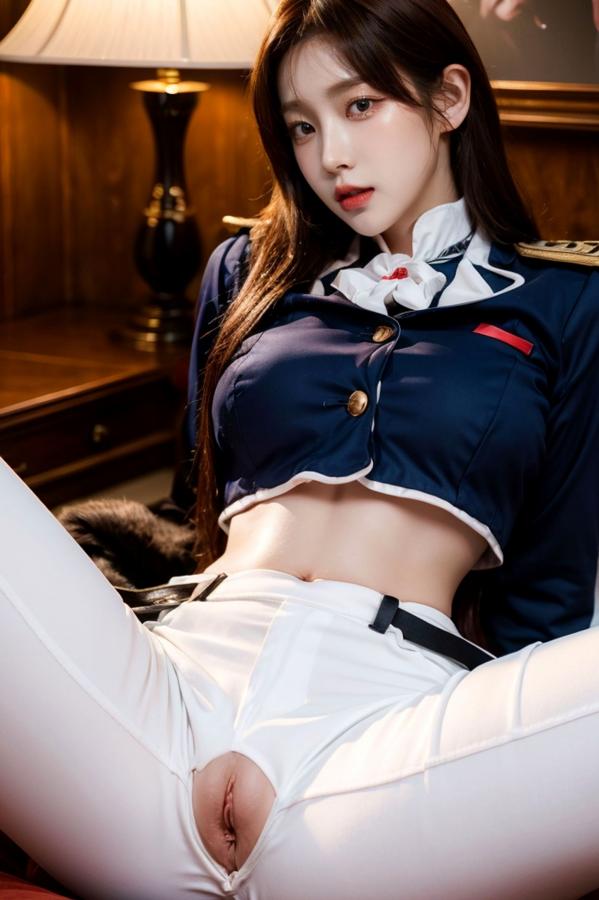    AI美女-拟实-女军官深蓝制服 紧身白裤修身腰臀性感写真第37张图片