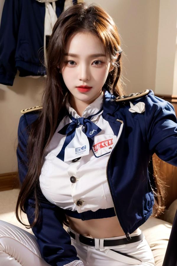    AI美女-拟实-女军官深蓝制服 紧身白裤修身腰臀性感写真第41张图片