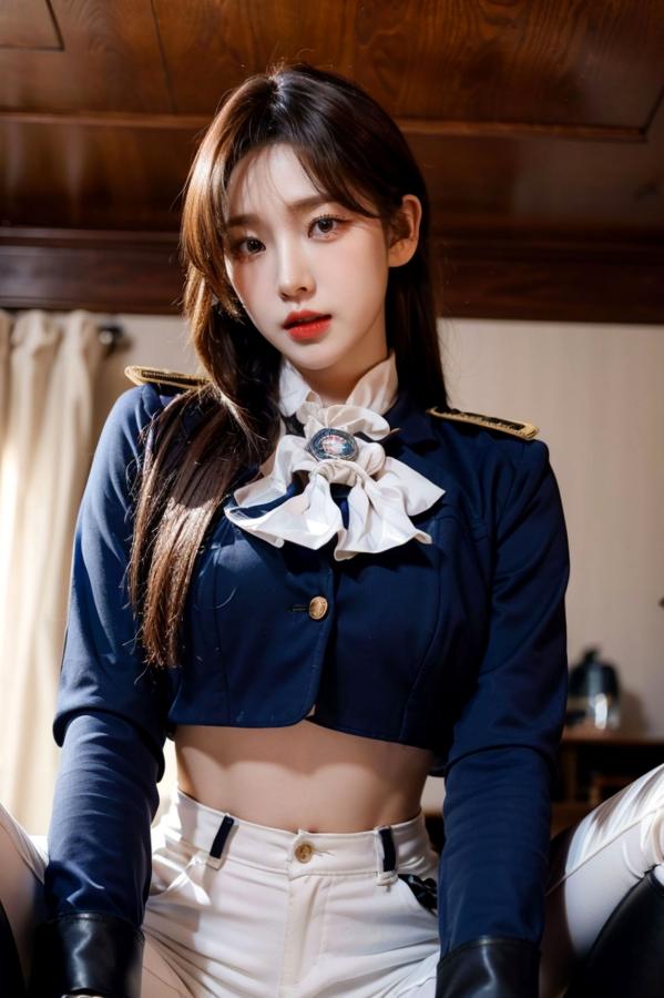    AI美女-拟实-女军官深蓝制服 紧身白裤修身腰臀性感写真第42张图片