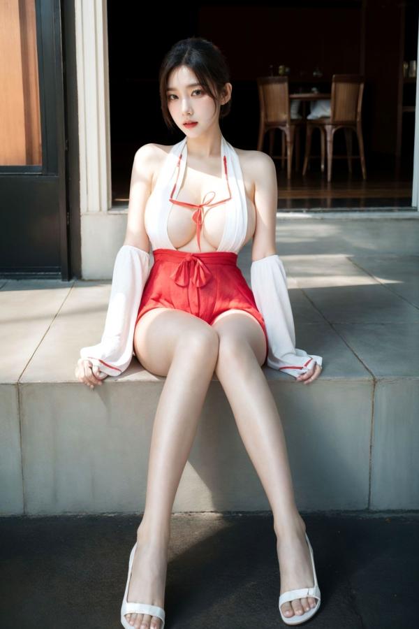    《AI美女-拟实-挂脖白衣红纱裙》户外街拍与私房大尺度性感诱惑写真第6张图片