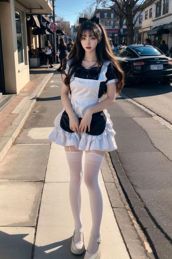   AI美女-拟实-黑白女仆裙街拍-18禁 户外性感女仆黑丝私房大尺度诱惑写真第2张图片